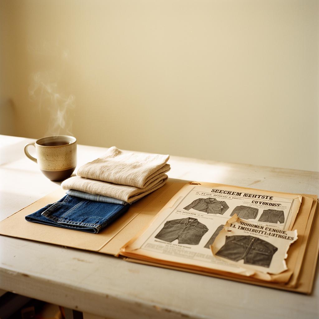 Steaming ceramic tea cup, folded fabric swatches and vintage workwear catalog pages on a studio table